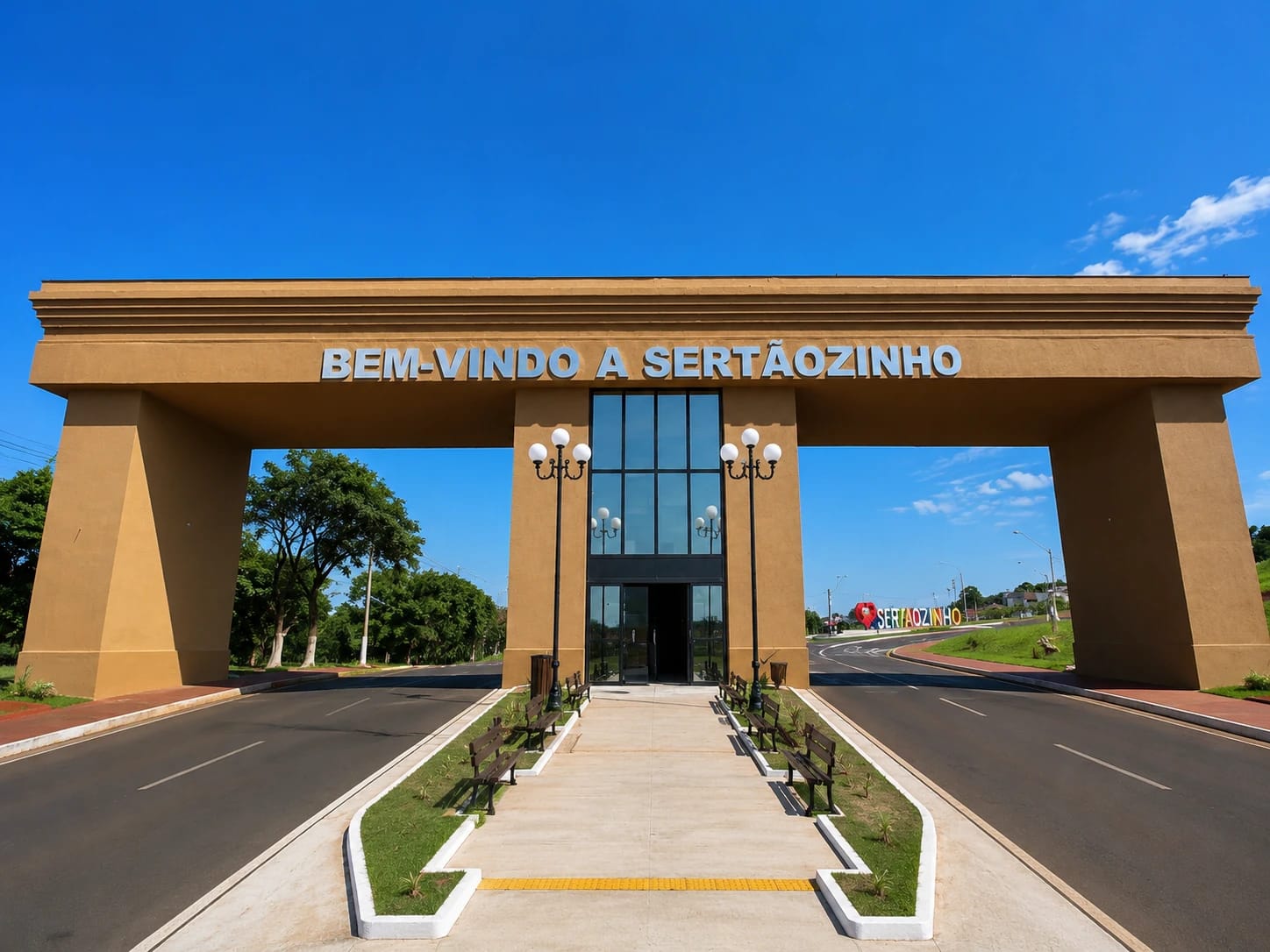 Pórtico de entrada de Sertãozinho com o letreiro Bem-vindo a Sertãozinho
